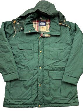VTG Woolrich Field Jacket Plaid Wool Lined Green Hood Parka Coat Chore Mens L